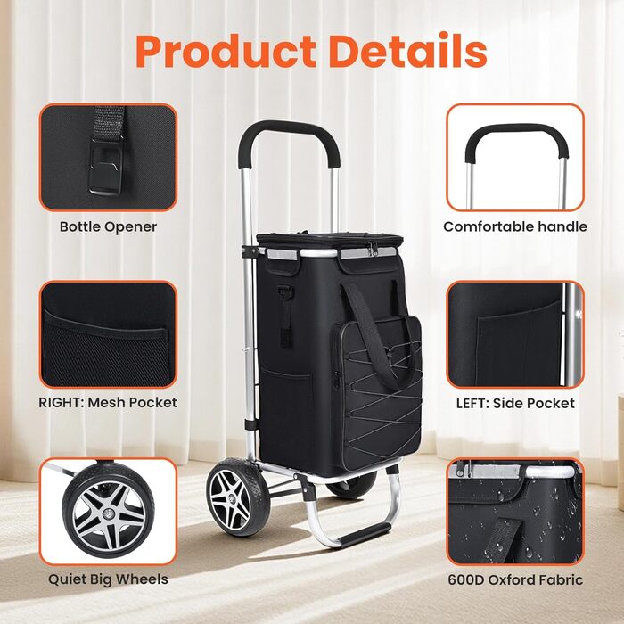 YEAUPE PRO Кухоль-тележка 3в1 з термоізольованим відділенням, 50л, знімний мішок, вантажопідйомність до 25кг, бічні кишені та відкривачка для пляшок (Чорний), не складається