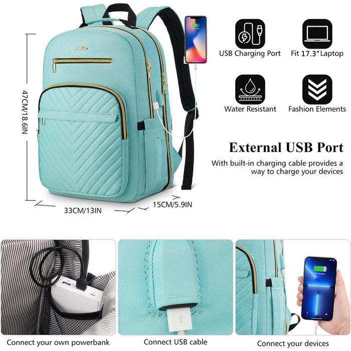 Рюкзак YAMTION для жінок, дівчаток та підлітків. Шкільний рюкзак з відділенням для ноутбука 17.3 дюймів, USB-портом, для роботи, навчання, міста. Колір: світло-зелений