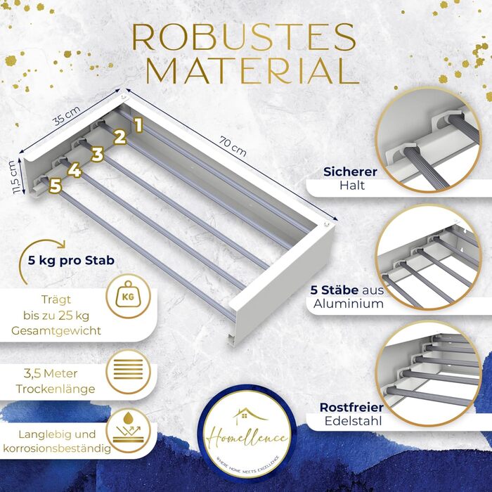 Настінна сушилка для білизни Homellence - розтяжна, 3,50 м, біла