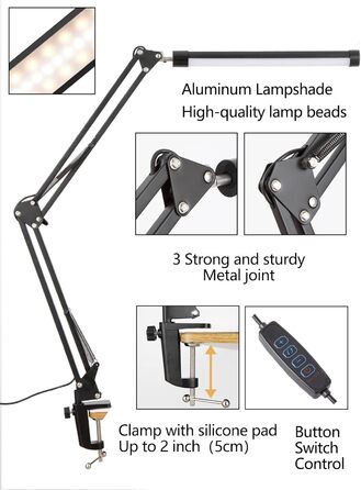 LED лампа настільна з регульованим шарніром, USB, диммування, захист очей, 3 режими, 10 рівнів яскравості, функція пам'яті для дому та офісу