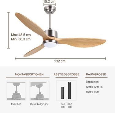 Deckenventilлятор Ovlaim 132 см з освітленням та пультом керування, тихий DC мотор, 3 лопаті, для дому, вітальні, спальні, Burlywood/Silver
