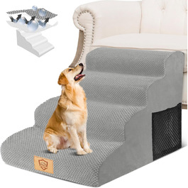 4-Step Dog Stairs, 50cm High Sponge Pet Stairs for Dogs and Cats, Non-Slip Pet Ladder Cat Stairs with Washable Cover for Sofa Bed, Grey