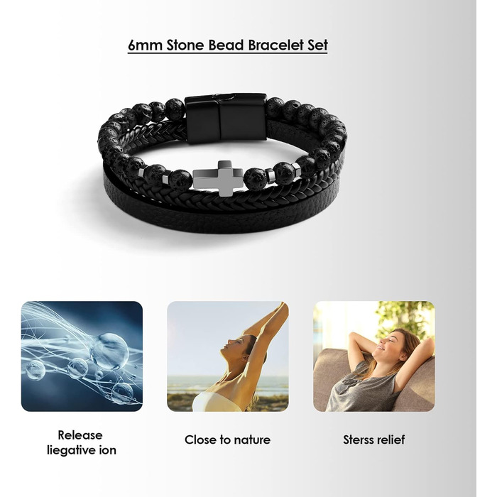 Чоловічий браслет Dochais: нержавіюча сталь, шкіряний ремінець, хрест Ісуса Христа, плетіння з натурального каменю, магнітна застібка, чорний, 21 см