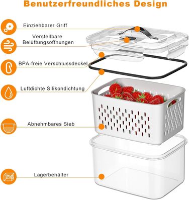 4-Pack Refrigerator Organizer – Vegetable Storage & Organization, stackable with strainer, lid and handle for the kitchen – Fridge Organizer for refrigerator storage
