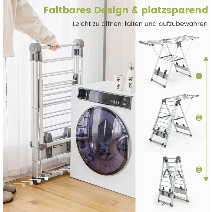 Стійка для сушіння білизни COSTWAY розкладна, сушилка для одягу висувна, з регульованою висотою та крилами, з полицею для взуття, для дому та вулиці (оновлена версія)