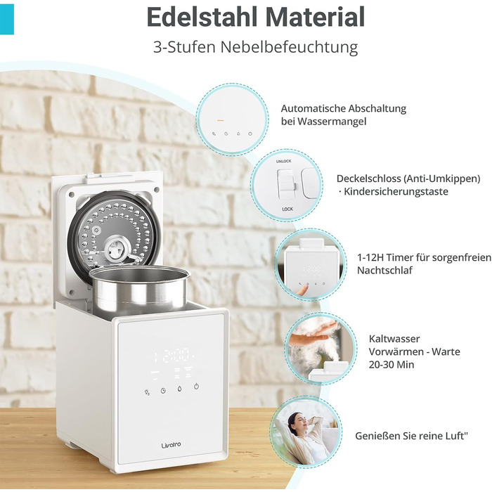 Зволожувач повітря для спальні та вітальні з верхнім заповненням, 3л, нержавіюча сталь, теплий туман, знищує 99,97% бактерій, з режимом сну, білий