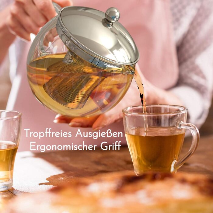 Скляний чайник Teekanne 1,5 л з ситом із нержавіючої сталі та кришкою, заварник із боросилікатного скла для листового чаю, сріблястий