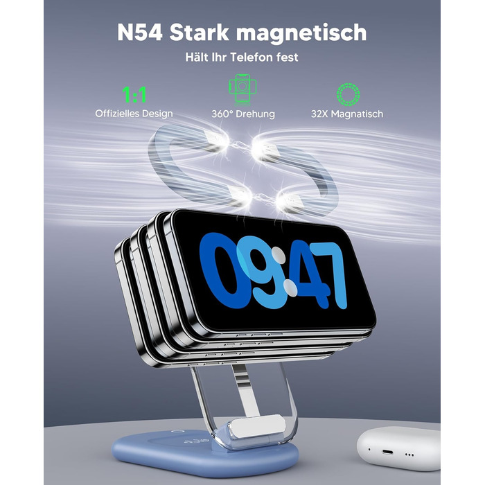 Підставка для зарядки MagSafe 3-в-1 для iPhone 17/16/15/14/13/12 Pro Max/Air/Plus/Pro та Apple Watch 10/9, AirPods 3/2/Pro (блакитна)