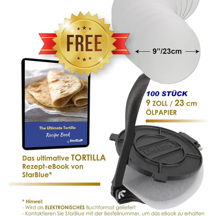 Пресс для тортилій StarBlue з чавуну, 10 дюймів (25 см) + 100 листів паперу для масла + електронна книга з рецептами - для приготування чапати, тортилій, роті (8 дюймів)