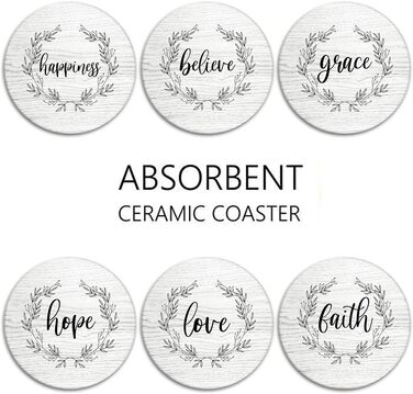 Britimes Drink Coasters, Set of 6, White Marble, Inspiring Love, Absorbent, Round, Ceramic Stone Mat, with Cork Base and Metal Holder, Gift for Housewarming, Bar, Decor (Retro 5)