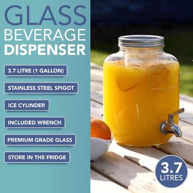 HEFTMAN Glass Drink Dispenser with Tap – 3.7 Liter Mason Jar Drink Dispenser with Leak-Proof Stainless Steel Spout & Ice Cylinder Refrigerator Water Dispenser, Punch, Cocktails, Empty Drink Dispenser
