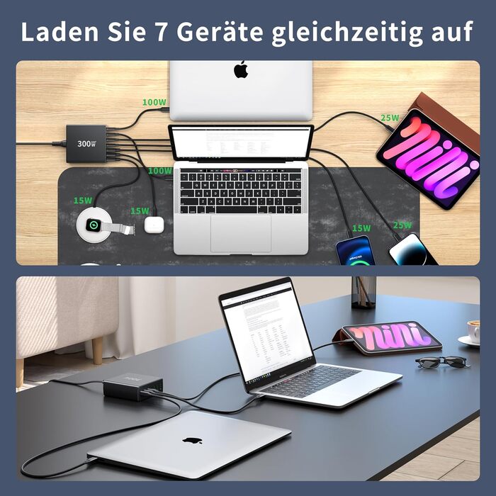 Зарядний пристрій FINIBO USB-C 300W: 7 портів (4 USB-C + 3 USB-A), швидка зарядка, Dual-PD PPS, для MacBook Pro/Air, iPad Pro/Air, Samsung (Чорний)