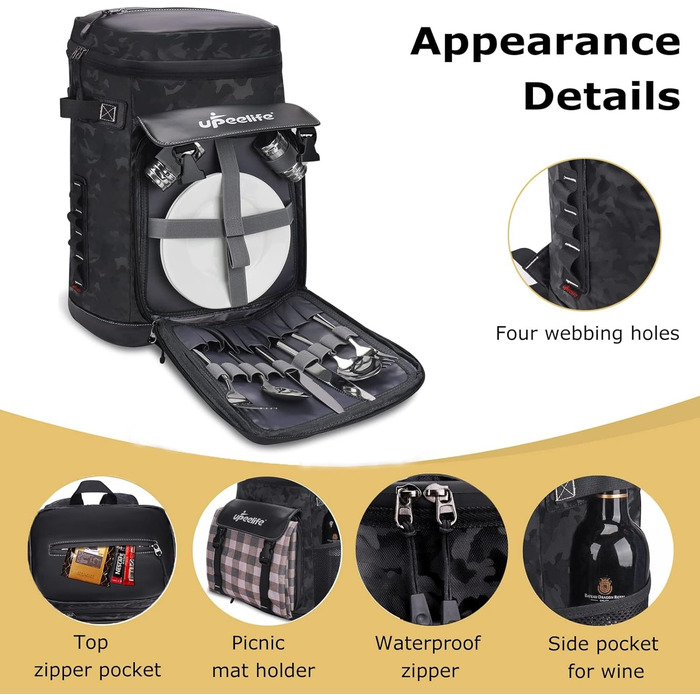 Рюкзак-холодильник Upeelife 30L з підкладкою для пікніка, чорний камуфляж, для кемпінгу та пікніків