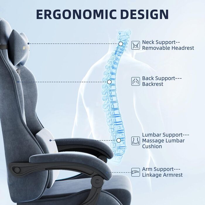 Геймерське крісло Ferghana Ergonomisch LW210: Сіре, з підголівником, підтримкою спини, підлокітниками та підставкою для ніг