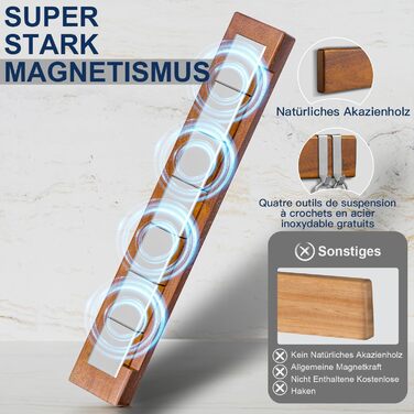 ENOKING Magnetic Knife Rail 40 cm, Magnetic Knife Block without Knives, Magnetic Knife Holder made of Acacia Wood with 4 Hooks