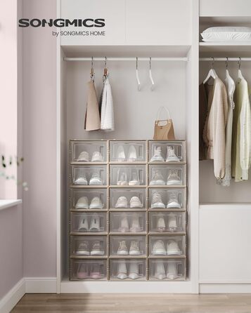 SONGMICS Shoe Boxes, 18-Piece Set, Plastic Shoe Organizer, Foldable and Stackable, for Shoes up to Size 44, Transparent-White LSP18SWT (Transparent + Oatmeal Beige, 18-Piece Set for Shoes up to Size 44)