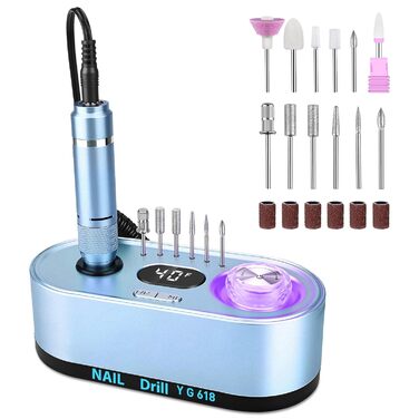 Електрична шліфувальна машинка для нігтів, професійна, 40000 об/хв, LCD манікюр/педикюр, набір з багатофункціональною базою, портативна, з підсвічуванням, сенсорне керування (Світло-блакитний)