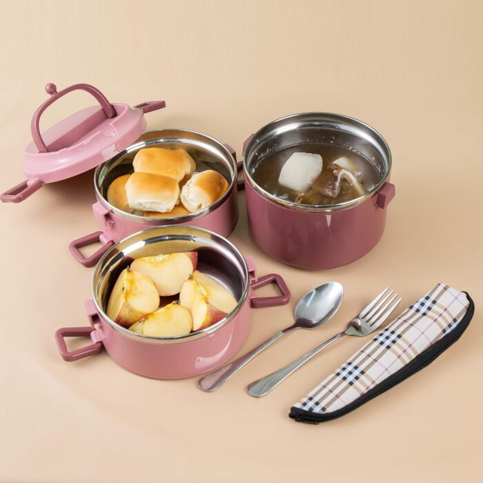 SANQIAHOME 3-Tier Stackable Stainless Steel Lunchbox, Leakproof, Pink
