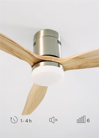 Вентилятор стельовий Windcalm Natural Wood з підсвічуванням, нікель, дерев'яні лопаті, пульт ДУ, 132 см, 6 швидкостей, літній/зимовий режим