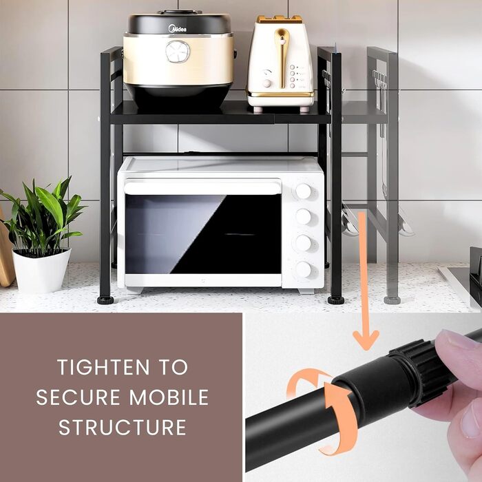 Регульована полиця для мікрохвильової печі та духовки. Організатор для кухні зі сталевими аксесуарами (35–60 см)