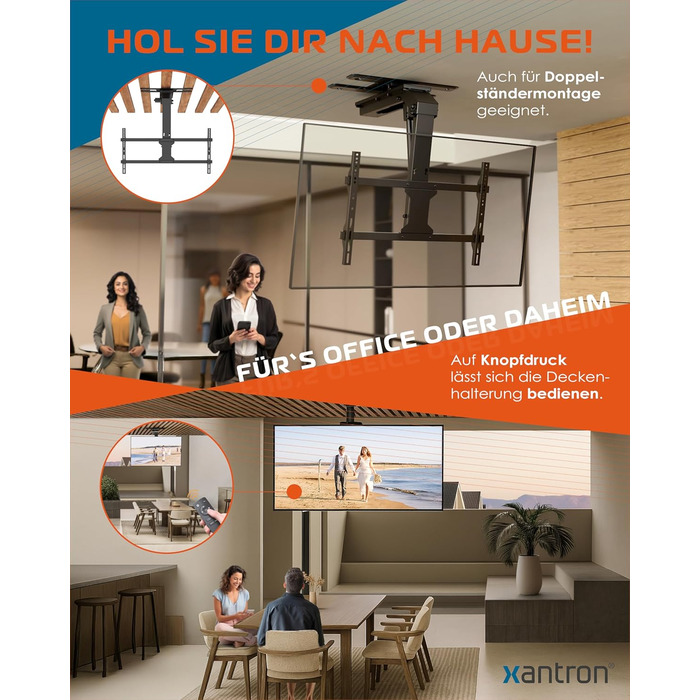 Xantron DEHA-600E Electric Tilt, Swivel & Fold-Down TV Ceiling Mount - 32-75 Inch - Voice Control Remote Included