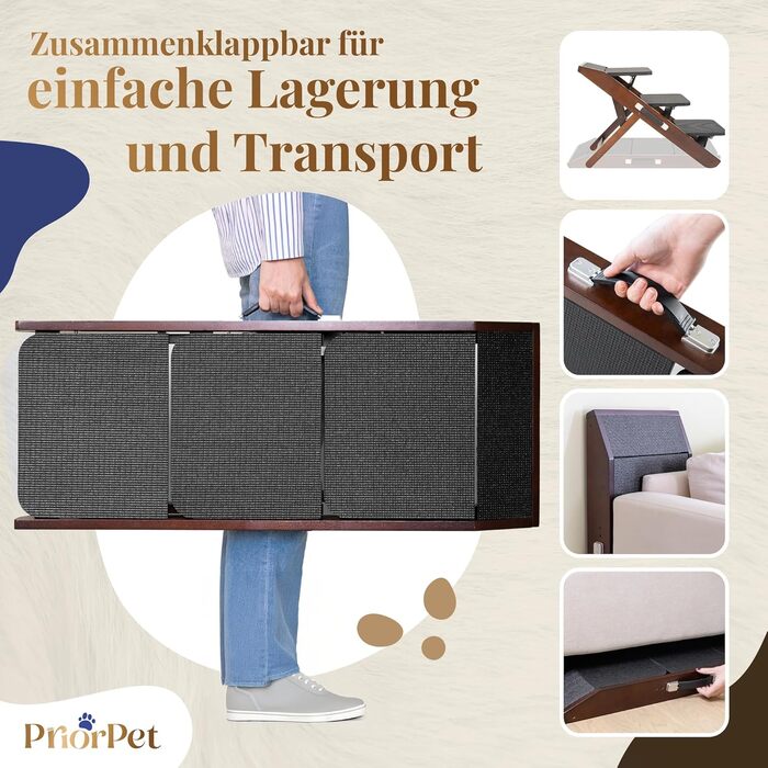 Сходинки для собак на ліжко та диван 2-в-1 - регульована рамка для собак, 18-50 см - для маленьких собак - легка переносна сходинка з платформою, натуральний колір (коричневий)