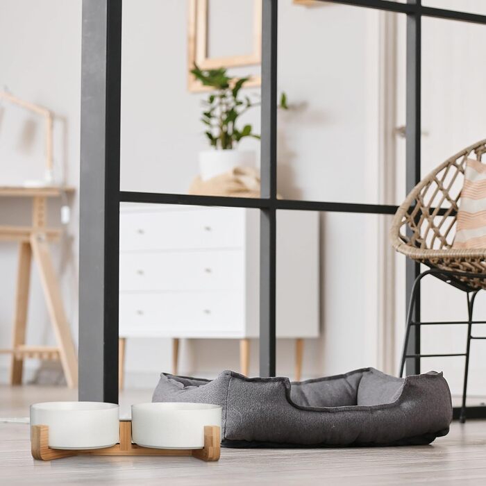 Миска для собак Relaxdays з кераміки, 850 мл, для корму та води, з бамбуковим підставкою, біла