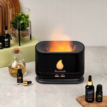 Ультразвуковий зволожувач повітря Aromaholik з ефектом вогню, без BPA, з таймером, LED-підсвіткою та USB-портом