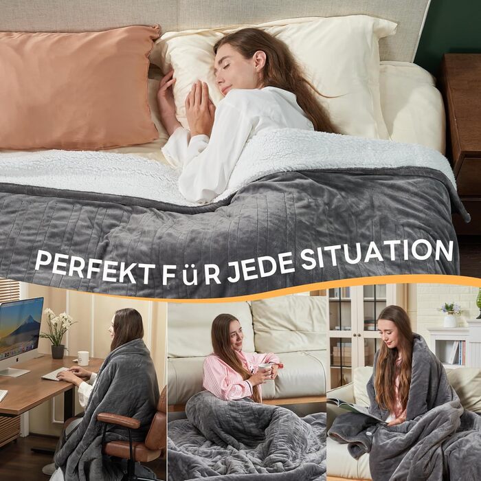 Електрична ковдра JUMMICO Kuschel-Heizdecke 180x130 см, тепла та м'яка - 6 режимів нагріву, таймер 12 годин, пральна, для дивана, ліжка, офісу, сіра