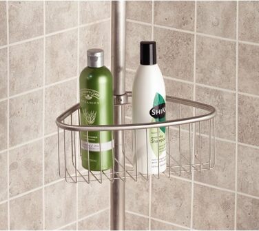 iDesign розсувна полиця для душу з нержавіючої сталі, телескопічна стійка з 4 кошиками та 4 гачками, матова срібляста, технологія постійного натягу