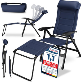 ELONEO Folding Camping Chair with Removable Footrest, Folding Chair made of Aluminum, Folding Garden Chair, Reclining Chair with Adjustable Backrest, Camping Chair (Folding Chair with Footrest (with Premium Cushion), Blue)