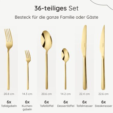 Набір столових приборів на 6 осіб, 36 предметів, нержавіюча сталь 18/0, золотистий, для ресторану та дому