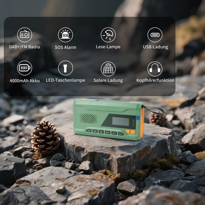 Радіо Alika для надзвичайних ситуацій: радіо з ручним приводом, FM/DAB+/DAB, сонячне, з Powerbank 4000mAh, зарядкою для телефону, USB, SOS-сигналом, ліхтарик (3 режими), для відпочинку на природі, кемпінгу (армійний колір)