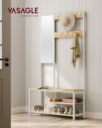 VASAGLE Coat Rack, Coat Stand with Hooks, Clothes Rack with Mirror, Shoe Bench and Shelves, 36 x 98 x 185 cm, for Entryway, Bedroom, Living Room, Vintage Brown-Black HSRAM050B01 (Oak Color + White)