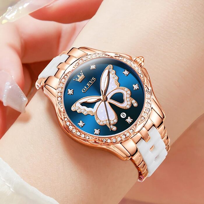 Годинник жіночий OLEVS з діамантами, елегантний, рожеве золото, керамічне скло, блакитний циферблат