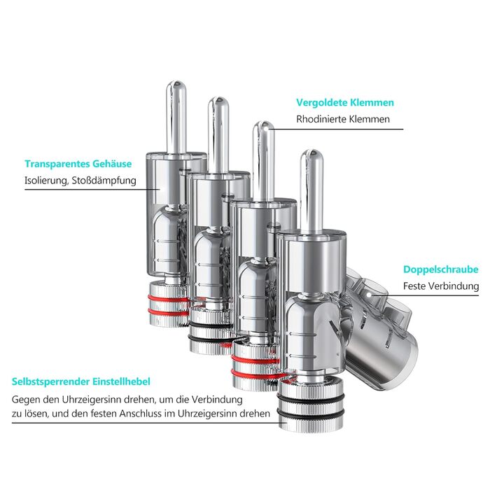 Комплект бананових роз'ємів Monosaudio BA1403, родієве покриття, закритий тип для акустичних кабелів та домашнього кінотеатру, 8 шт.