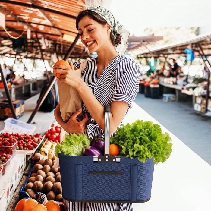 Складаний кошик для покупок на 30 літрів з 4 стійками | Міцний кошик для перенесення та пікнік | Великий кошик для сім'ї (46x27x25см) | З м'якими ручками | Для покупок, подорожей, кемпінгу (30л, Синій)