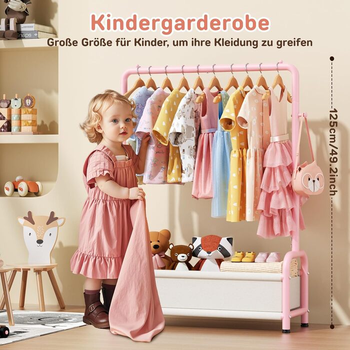 Дитяча вішалка для одягу Kinder Garderobe, 80x30x125 см, рожева. З гачками та кошиком для зберігання, U-подібна основа.