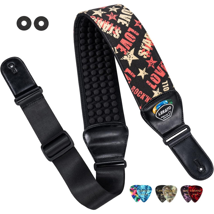 Гітарний ремінь LEKATO з 3D неопреновим наповнювачем, ширина 3 дюйми, довжина 114–139 см, регульований ремінь для бас-гітари та електрогітари з шкіряними кінцями