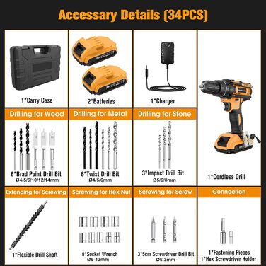 Акумуляторний шуруповерт AKZWOXRO 21V з 2 акумуляторами 2.0Ah, 42Nm, 2 швидкості, 25+3 ступені крутного моменту, патрон 10мм, LED ліхтик, 30-ти елементний набір для дому та саду, DIY проєкти