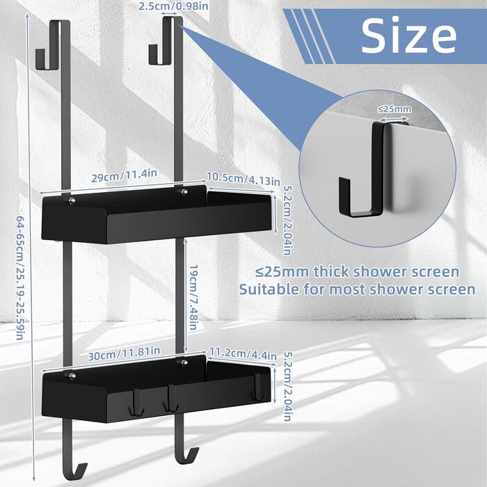 Підставка для душу настінна, полиця для душу з кріпленням для скляних душових кабін, тримач для шампуню в душ, корзина для душу без свердління, чорна з 8 гачками, нержавіюча сталь 65.5x30x11.2 см