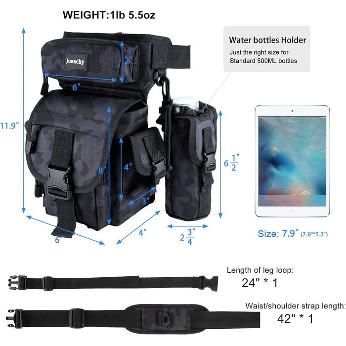 Тактична набедрена сумка Jueachy, водонепроникна, для мотоциклів, риболовлі, кемпінгу (чорний камуфляж)