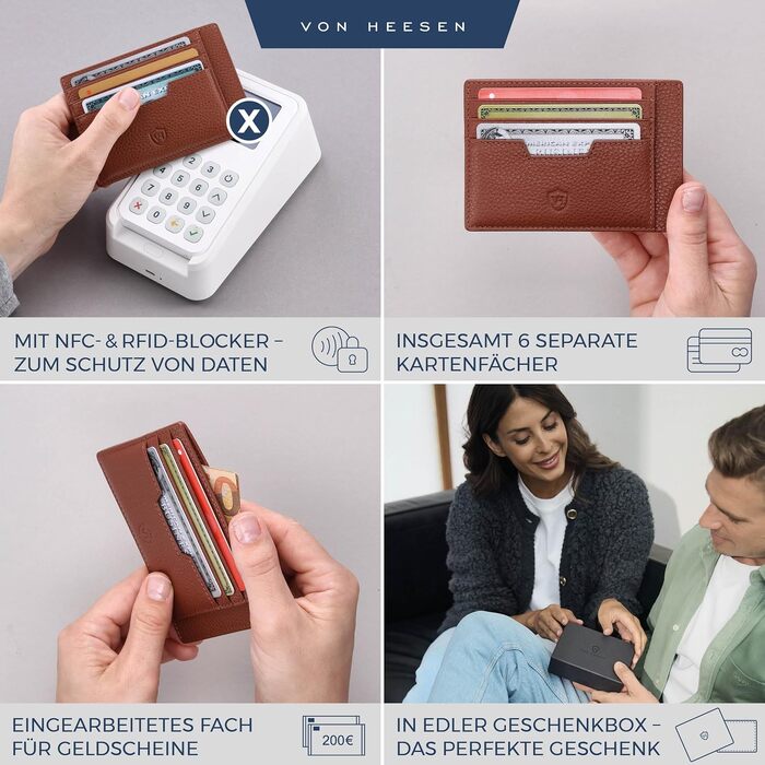 Шкіряний картхолдер VON HEESEN з RFID-захистом, портмоне для кредитних карток з наппа-шкіри, 9 відділень, унісекс (коньячний коричневий)