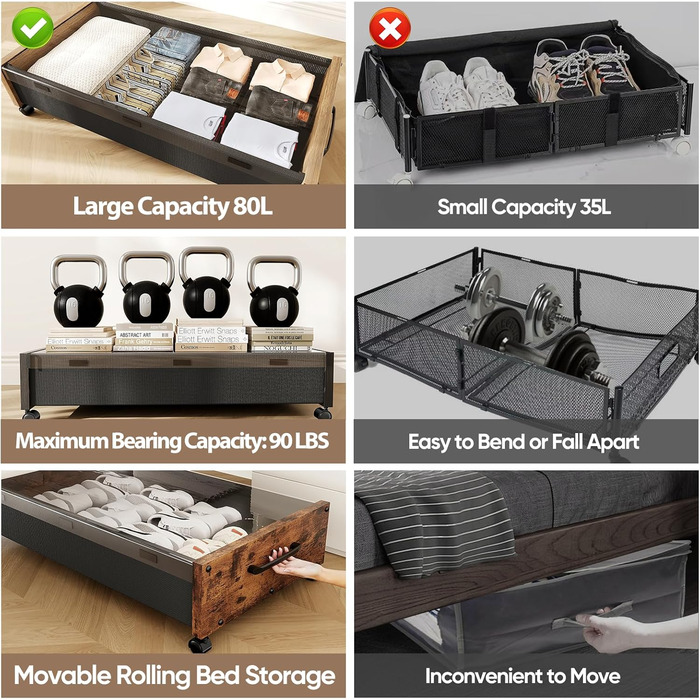 Комод під ліжко на колесах, 2 шт, дерев'яні контейнери для зберігання, великий розмір, органайзер під ліжко, ящики з прозорою кришкою, міцний для одягу, Коричневий горіх
