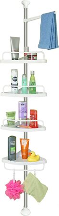 stardis Telescopic Corner Shelf, Stainless Steel, Rust-Proof with 4 Shelves, Shower Shelf, Telescopic Shelf for Shower, Bathroom, Shower Shelf, Height Adjustable from 120-300 cm, White