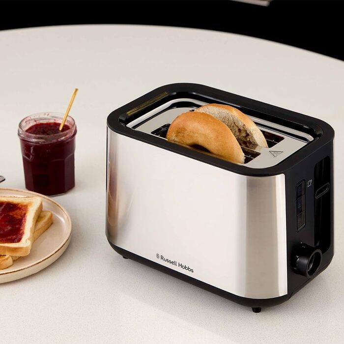 Тостер Russell Hobbs Textures+ з широкими слотами, підставка для бургерів, щипці, 6 рівнів підсмажування, розморожування та підігріву, 850W, 22601-56, нержавіюча сталь, 2 відсіки