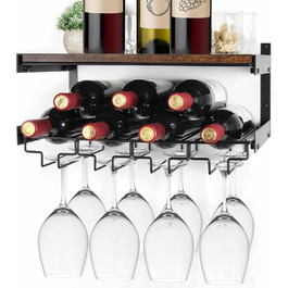 B4Life Wall Mounted Wine Racks, Stemware Holder Wall Mount with Stemware Hangers Modern Wine Display Storage Holder for Kitchen Dining Room Bar - Holds 8 x Glasses and 7 x Wine Bottles