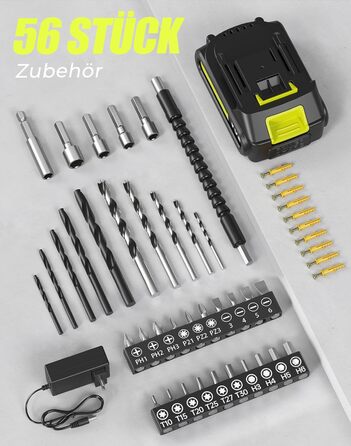 Акумуляторний шуруповерт-дрель 20V, 56 шт. в наборі, 42Nm, LED-підсвітка, для дому та ремонту