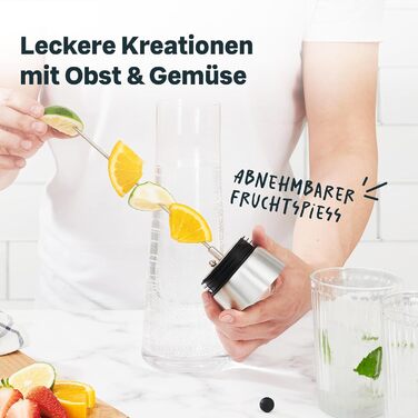 Glass giraffe carafe with lid and fruit skewer - stainless steel lid opens with a tilt - water carafe with fruit strainer, transparent