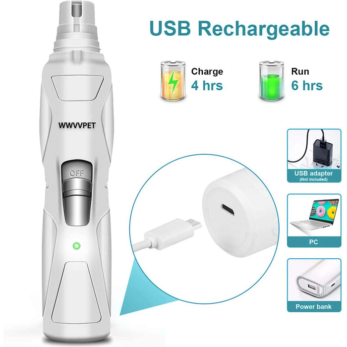 Електричний точило для кігтів собак та котів з LED-підсвічуванням та 2 колесами, точило для кігтів домашніх тварин, тихе та потужне, з низькою вібрацією, біле з LED-підсвічуванням